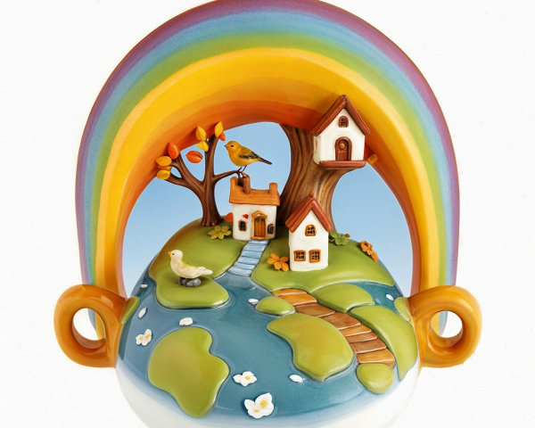 Whimsical Vase with Rainbow and Serene Landscape