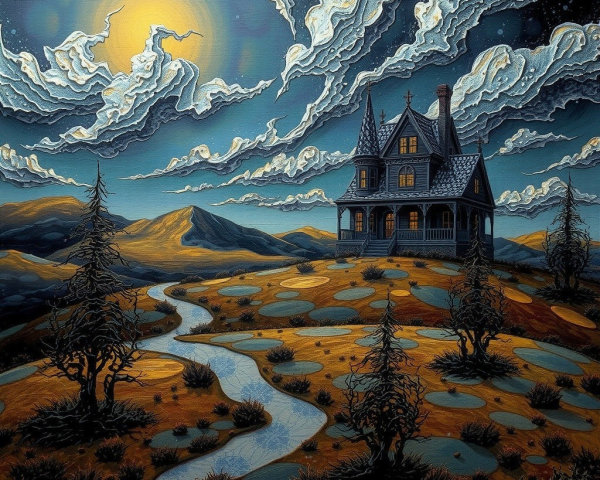 Surreal Landscape with Gothic House and Night Sky