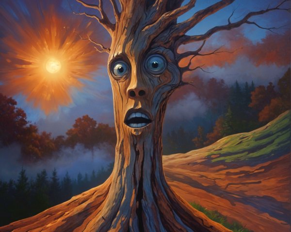 Surreal Tree with Human-Like Face in Warm Light