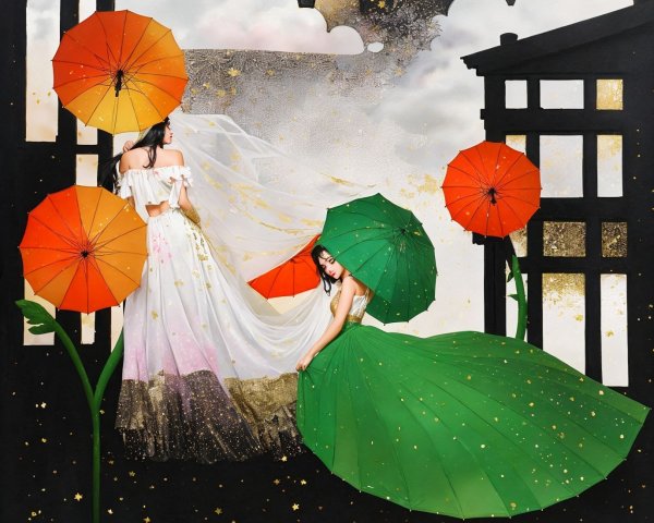 Elegant Women in Colorful Umbrella Landscape