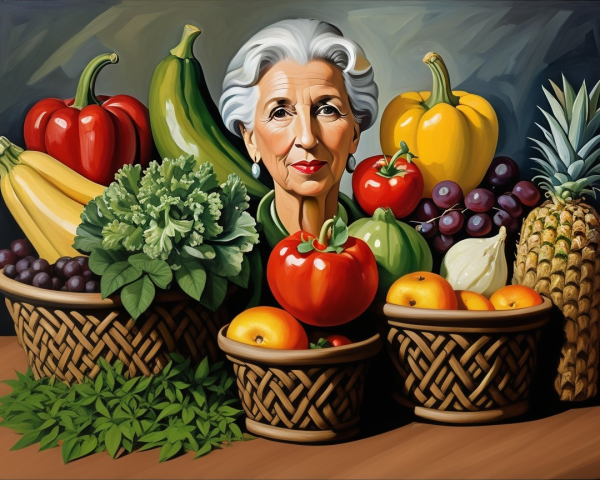 Stylized Woman with Colorful Fruits and Vegetables
