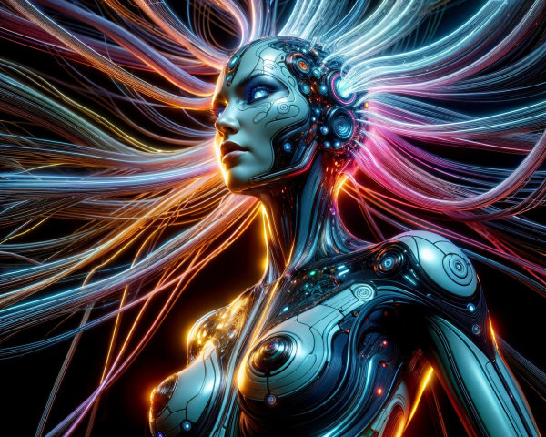 Intricate humanoid robot with glowing circuitry design