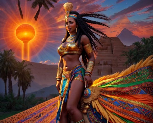 Majestic figure in ancient Egyptian landscape at sunset