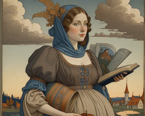 Woman in Traditional Dress with Book and Pumpkin