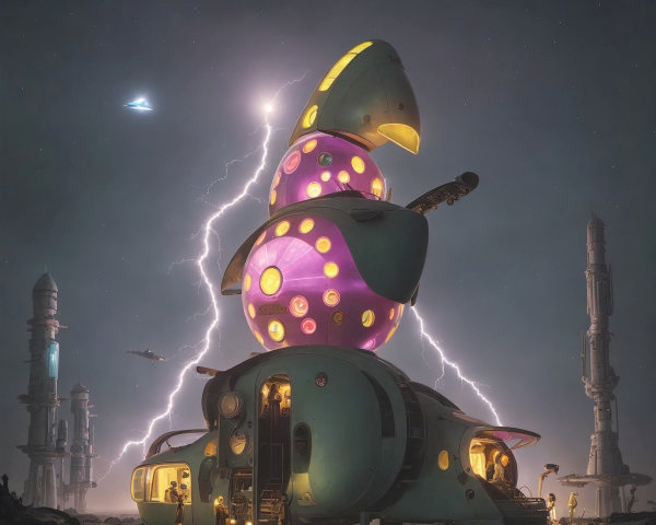 Futuristic Scene with Whimsical Egg-Shaped Structure
