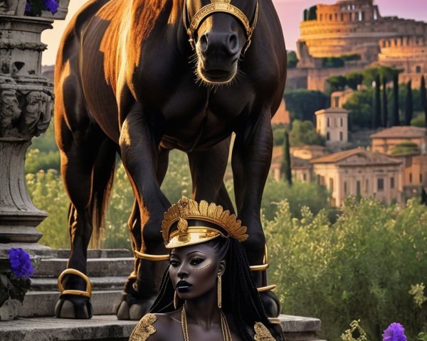Majestic Black Horse and Regal Figure in Sunset Scene