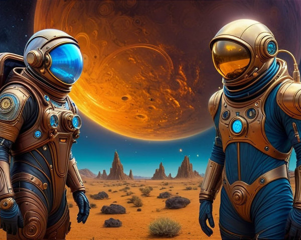 Astronauts in Futuristic Suits on Alien Landscape