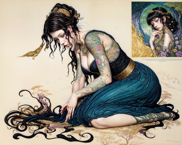 Young Woman in Teal Dress with Floral Tattoos and Bird