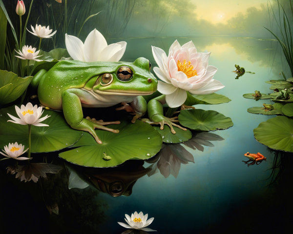 Green Frog on Lily Pad Among Lotus Flowers in Pond