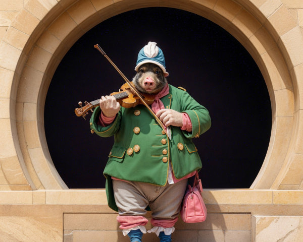 Whimsical Pig in Green Coat Playing Violin at Doorway