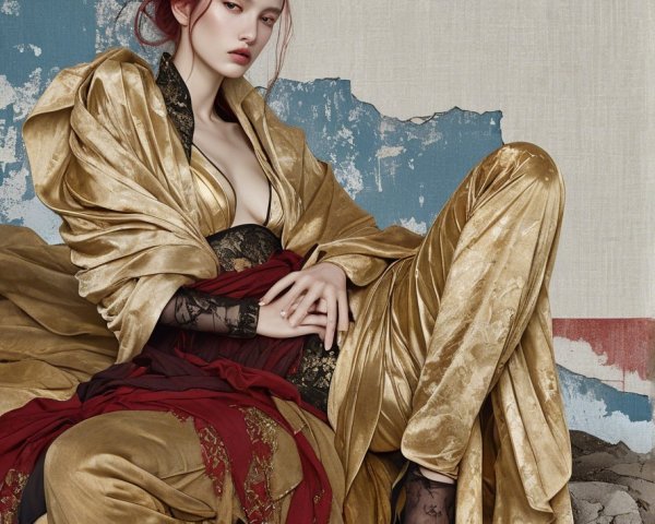 Figure in Gold Kimono Against Textured Blue Background