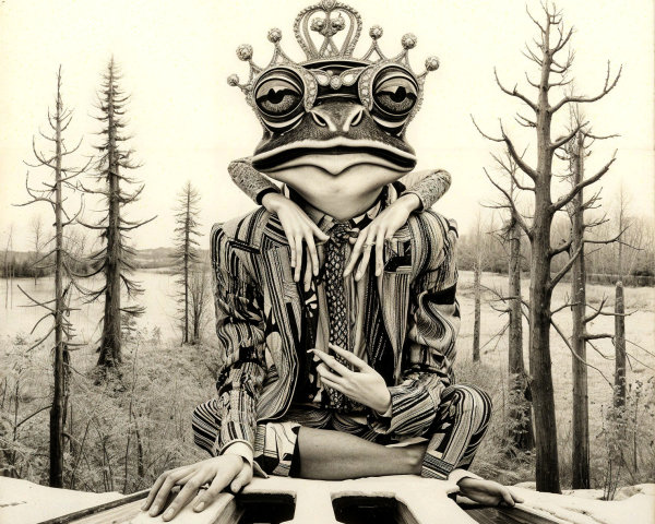 Surreal Frog in Crown at Piano in Misty Landscape