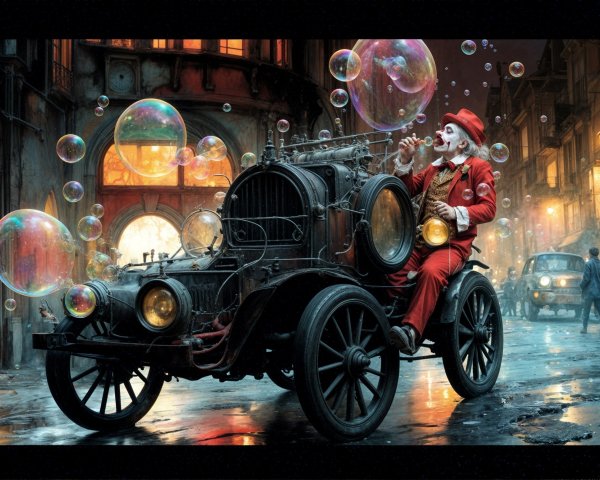 Surreal Vintage Street Scene with Clown and Bubbles
