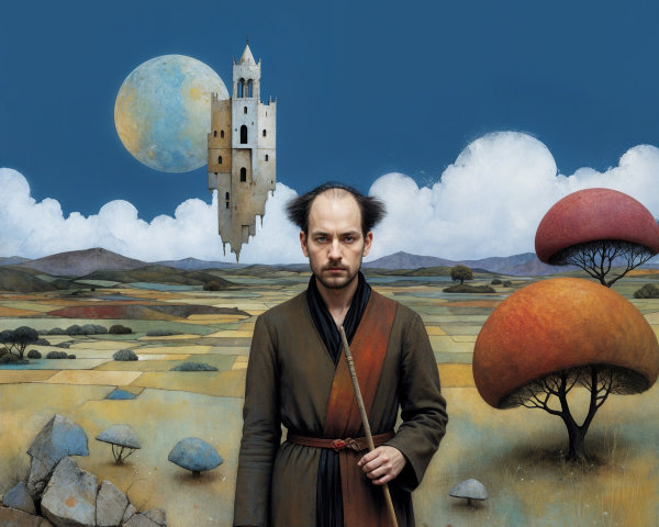 Lone Figure in Surreal Landscape with Whimsical Elements