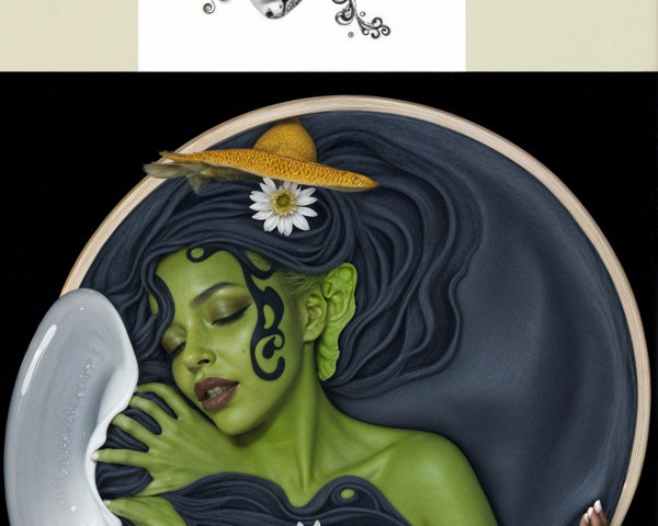 Abstract Mask and Green-Skinned Figure Composition