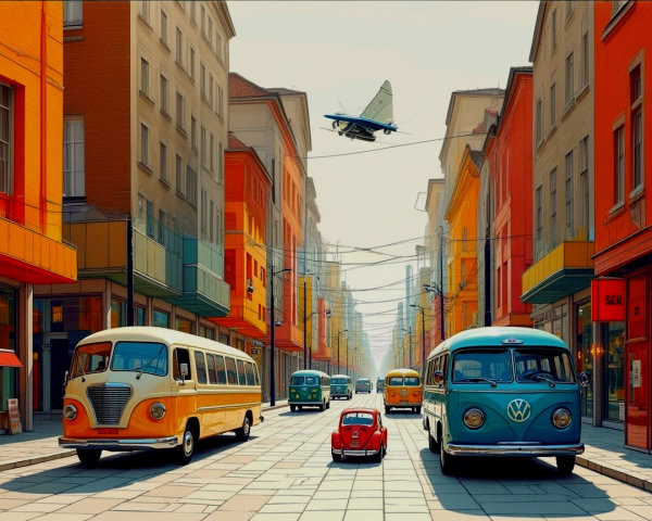 Vibrant City Street with Classic Vehicles and Warm Colors