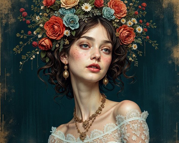 Young Woman in Lace Gown with Floral Crown and Jewelry