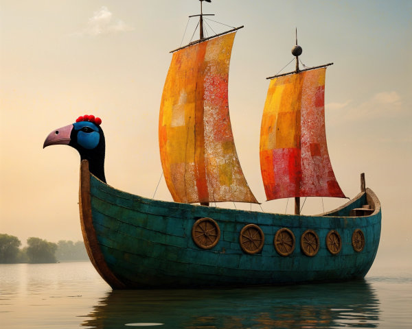 Whimsical Peacock Ship on Calm Waters with Vibrant Sails