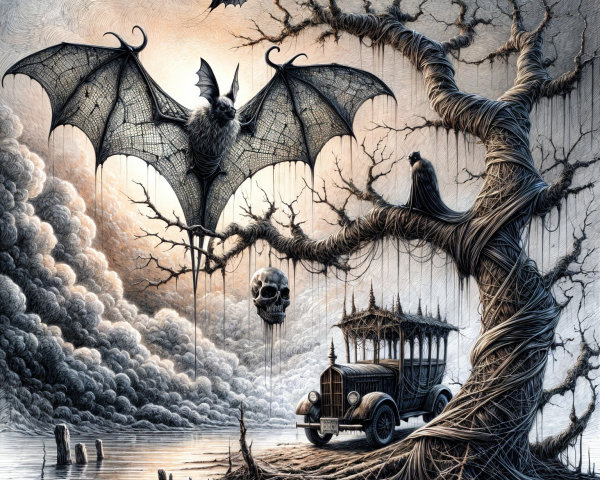 Dark Whimsical Scene with Bat, Tree, and Vintage Car