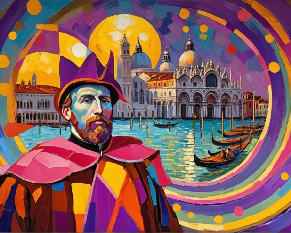 Surreal Painting of a Man in Vibrant Cloak in Venice