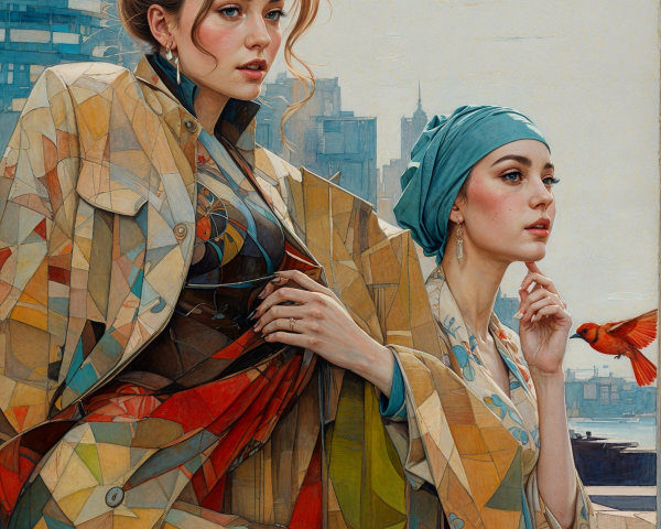 Elegant Women in Modern Cityscape Artwork