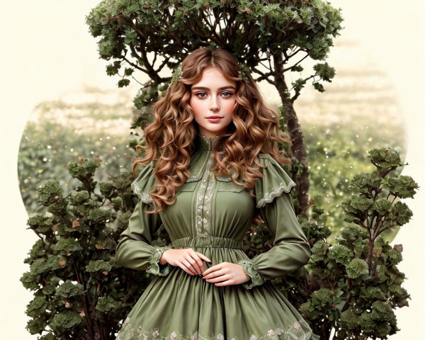 Elegant Young Woman in Floral Green Dress Outdoors