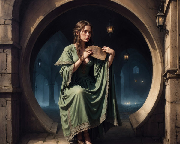 Young Woman in Green Dress in Stone Archway Scene