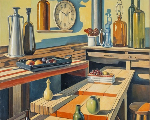 Still Life with Glass Bottles and Rustic Decor
