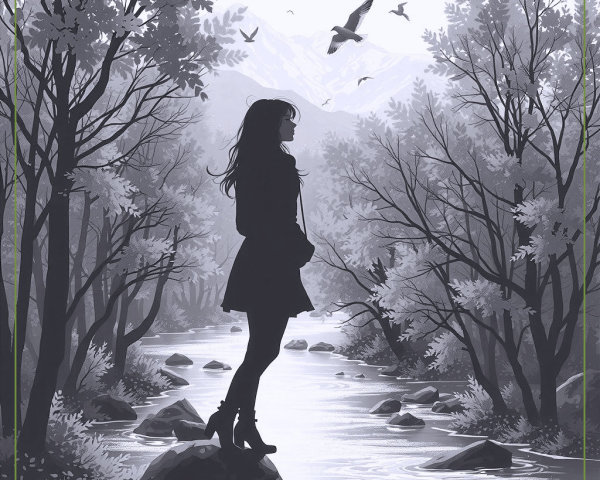 Silhouette of a Woman by a Serene River Landscape