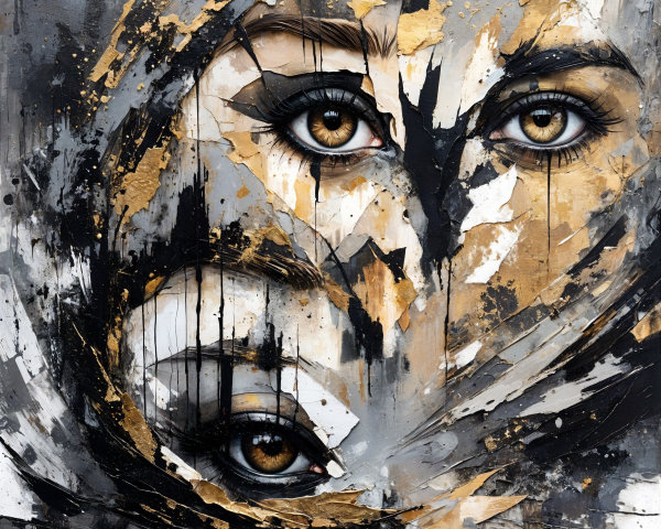 Overlapping Faces with Golden-Brown Eyes and Texture