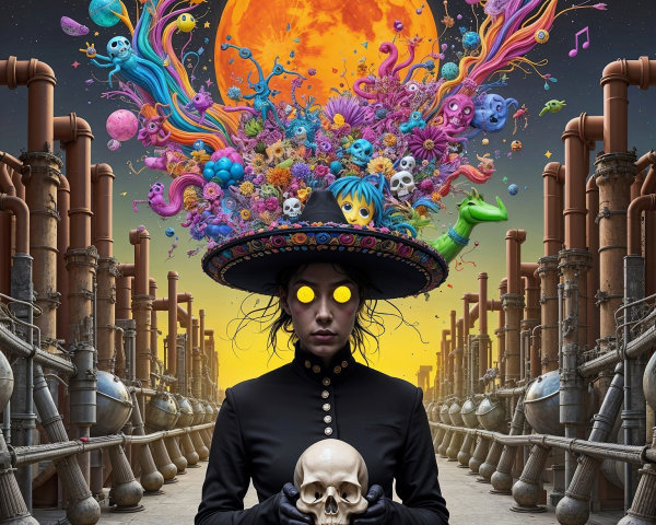 Mystical Figure with Skull Among Industrial Pipes