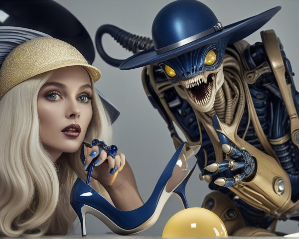 Futuristic Fashion Scene with Floral Outfit and Robot