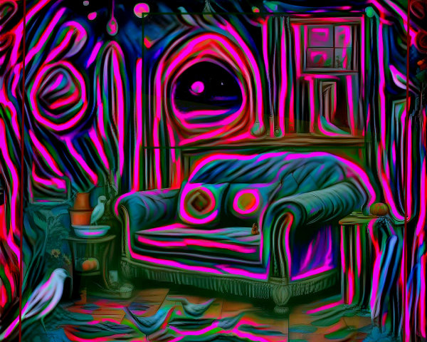 Surreal Living Room with Blue Sofa and Starry Sky