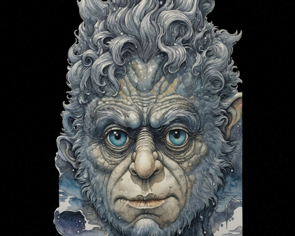 Enigmatic creature with wild white hair and blue eyes