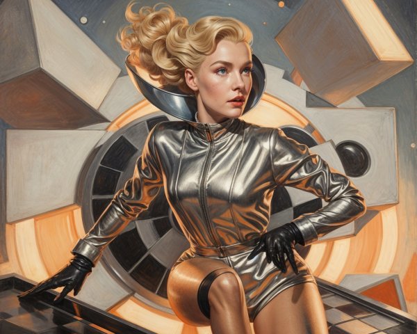 Futuristic Female Figure in Metallic Suit with Geometry