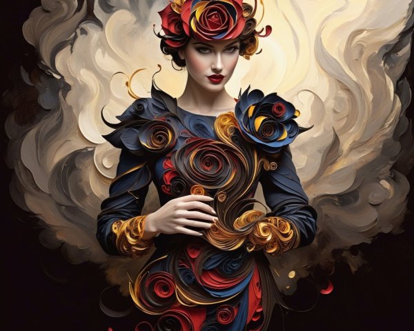 Striking woman in intricately designed dress with roses