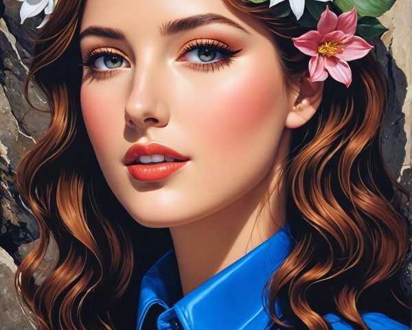 Young woman with flowers and textured rock background