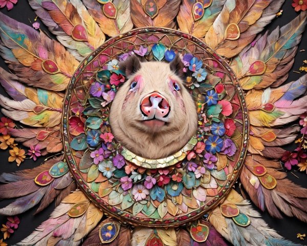 Whimsical Bear Head Art with Flowers and Feathers