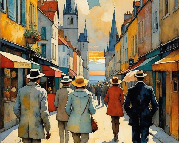 Vibrant Street Scene in a Quaint Town with Shops