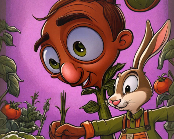 Whimsical Garden Character with Rabbit and Vegetables