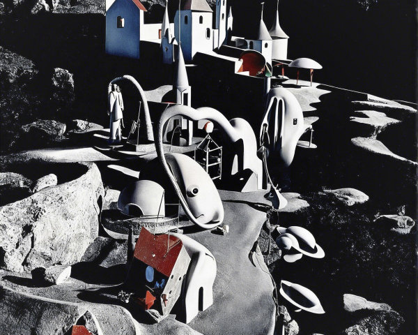 Surreal Landscape with Abstract Buildings and Pathway