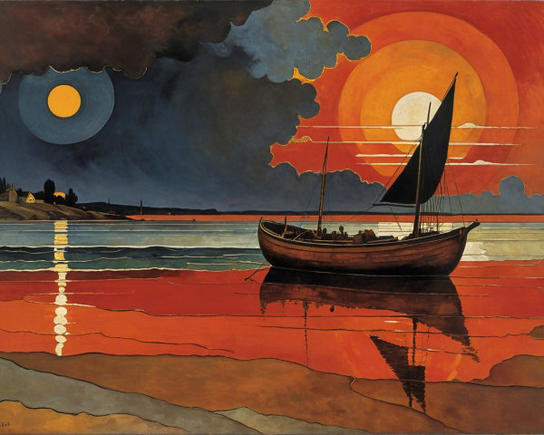 Serene Sunset with Sailing Boat on Calm Sea