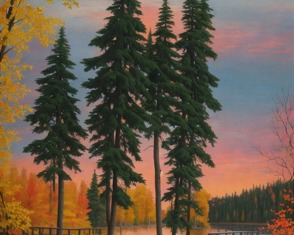 Lakeside Sunset with Evergreen Trees and Autumn Foliage