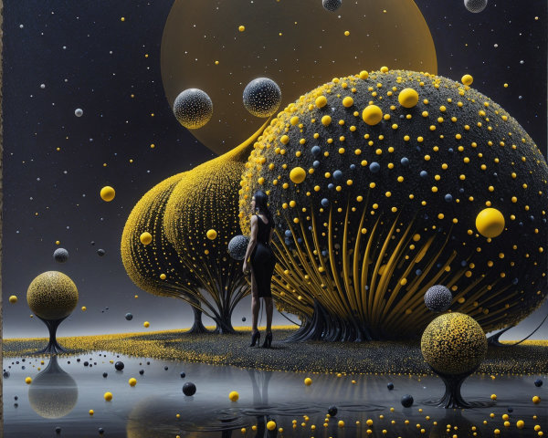 Surreal landscape with glowing trees and serene lake