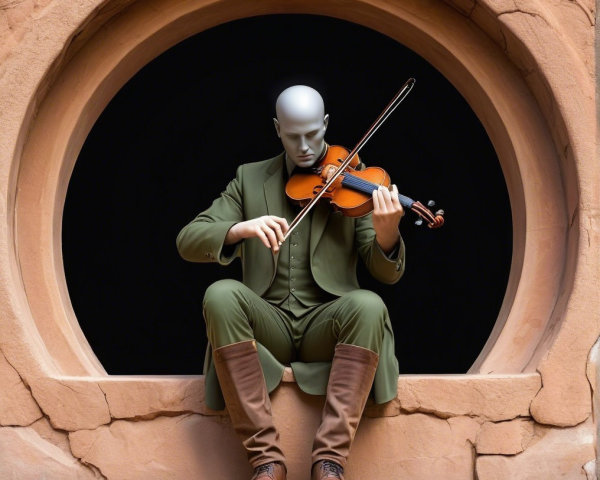 Mannequin in Green Suit Playing Violin in Rock Wall