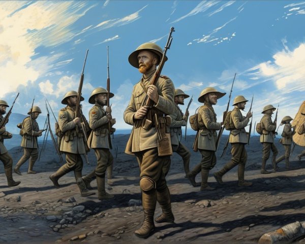 Soldiers Marching Through Rugged Terrain Under Blue Sky