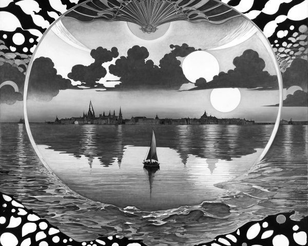 Surreal Black and White Sailboat Artwork with Moons