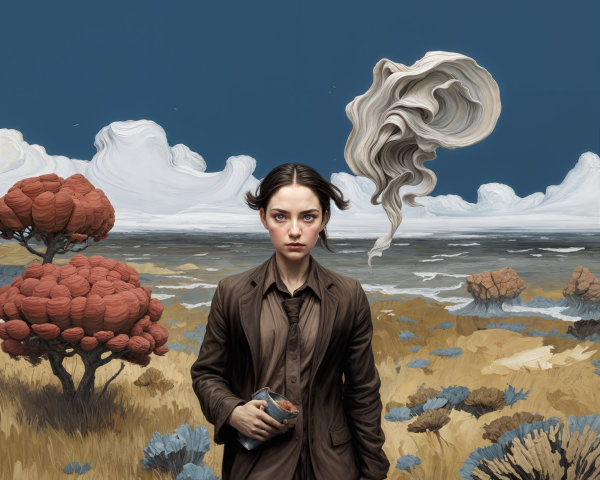 Young Woman in Dark Suit Against Surreal Landscape