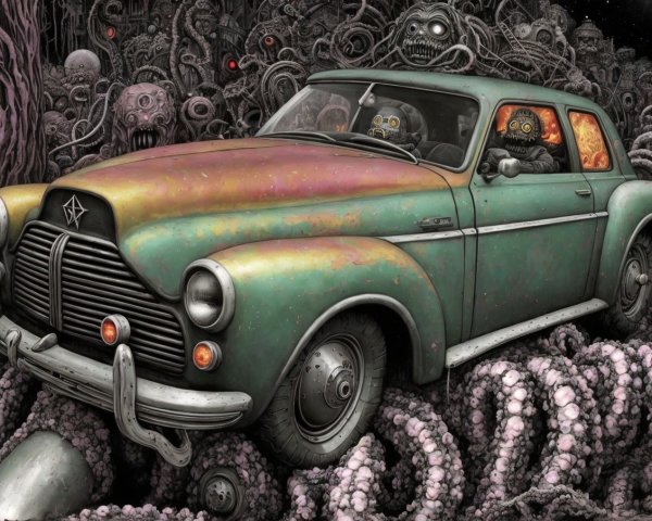 Vintage car with surreal organic forms and dark backdrop