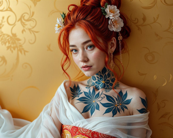 Portrait of a woman with red hair and floral tattoos